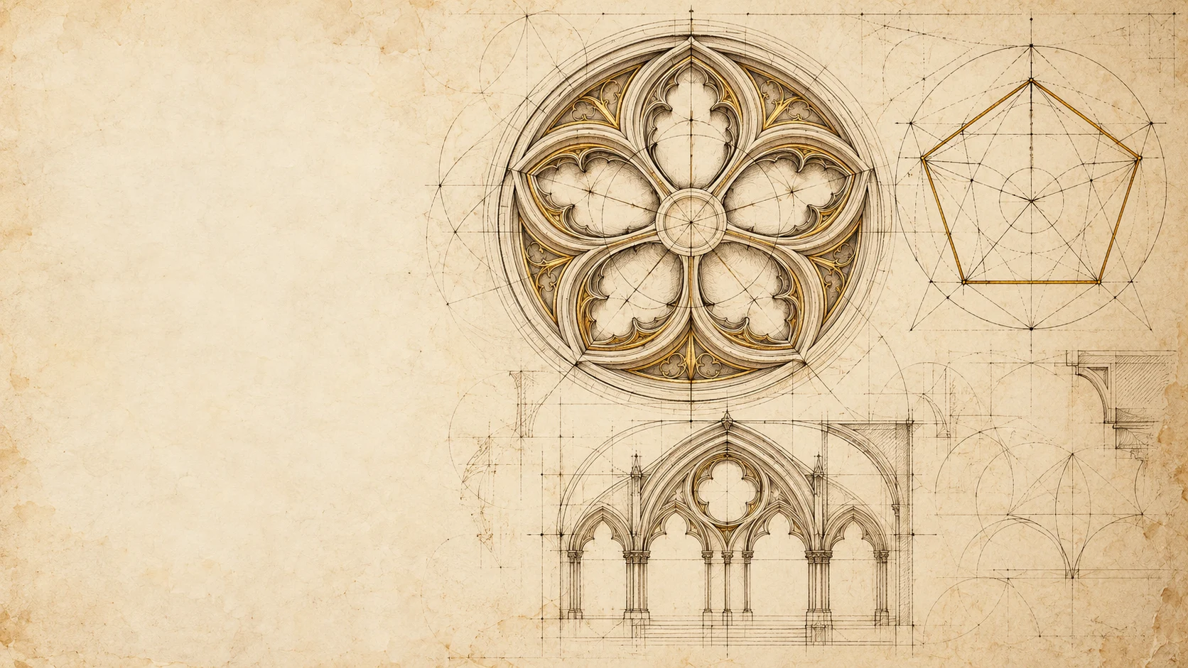 Original concept drawing of a fivefold architectural rosette and compass constructions