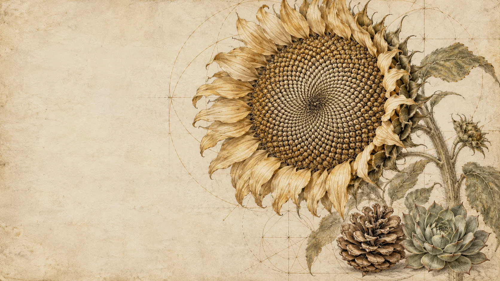 A sunflower and pinecone study on warm vellum
