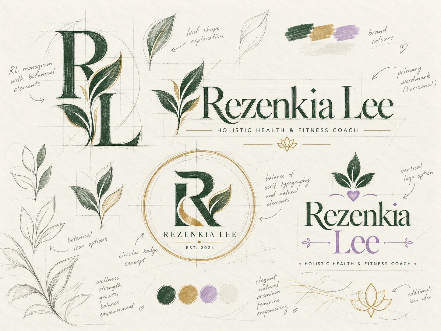 Explorations of botanical letterforms and logo directions in the Rezenkia Lee brand sketchbook