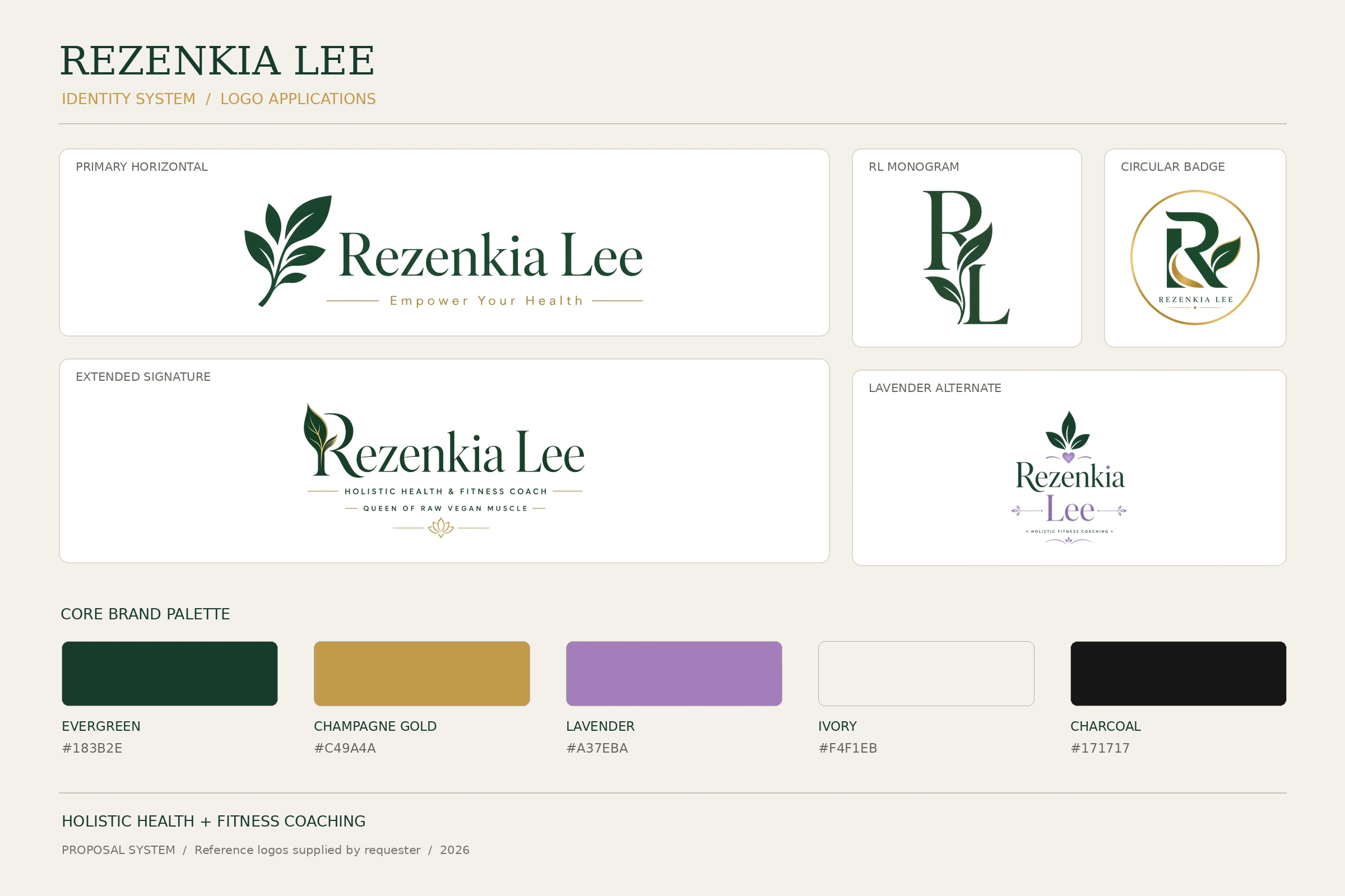 Rezenkia Lee botanical brand identity board with wordmark, monogram, badges and applications